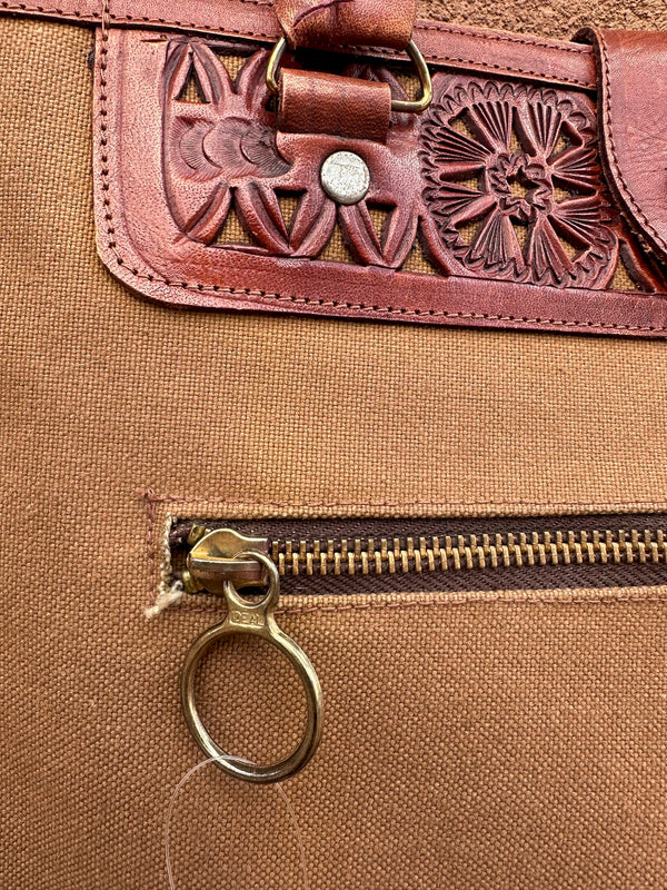 1970's Canvas and Tooled Leather Tote with Zip Pocket