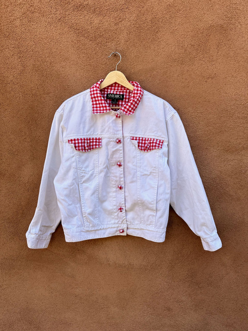 White Denim Jacket with Red Picnic Check - America Perry Ellis