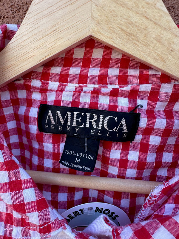 White Denim Jacket with Red Picnic Check - America Perry Ellis