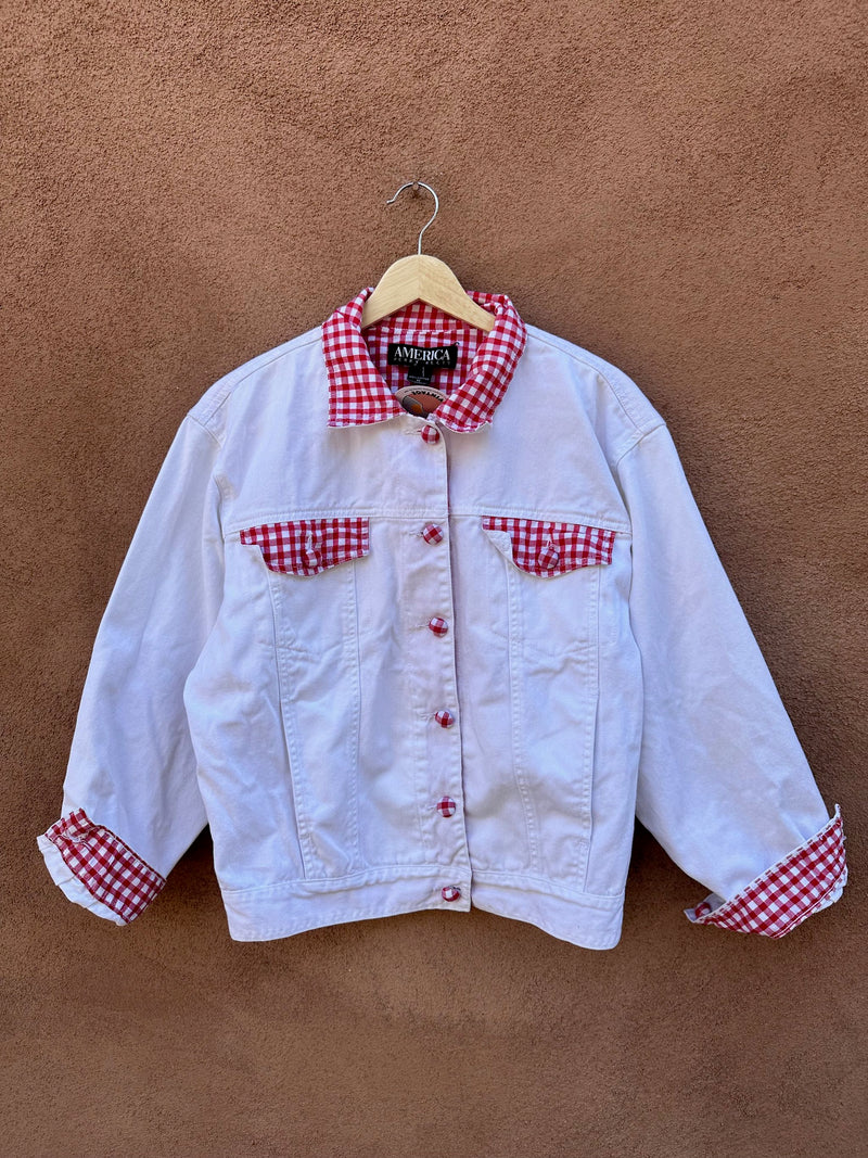 White Denim Jacket with Red Picnic Check - America Perry Ellis