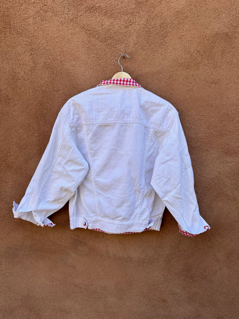 White Denim Jacket with Red Picnic Check - America Perry Ellis