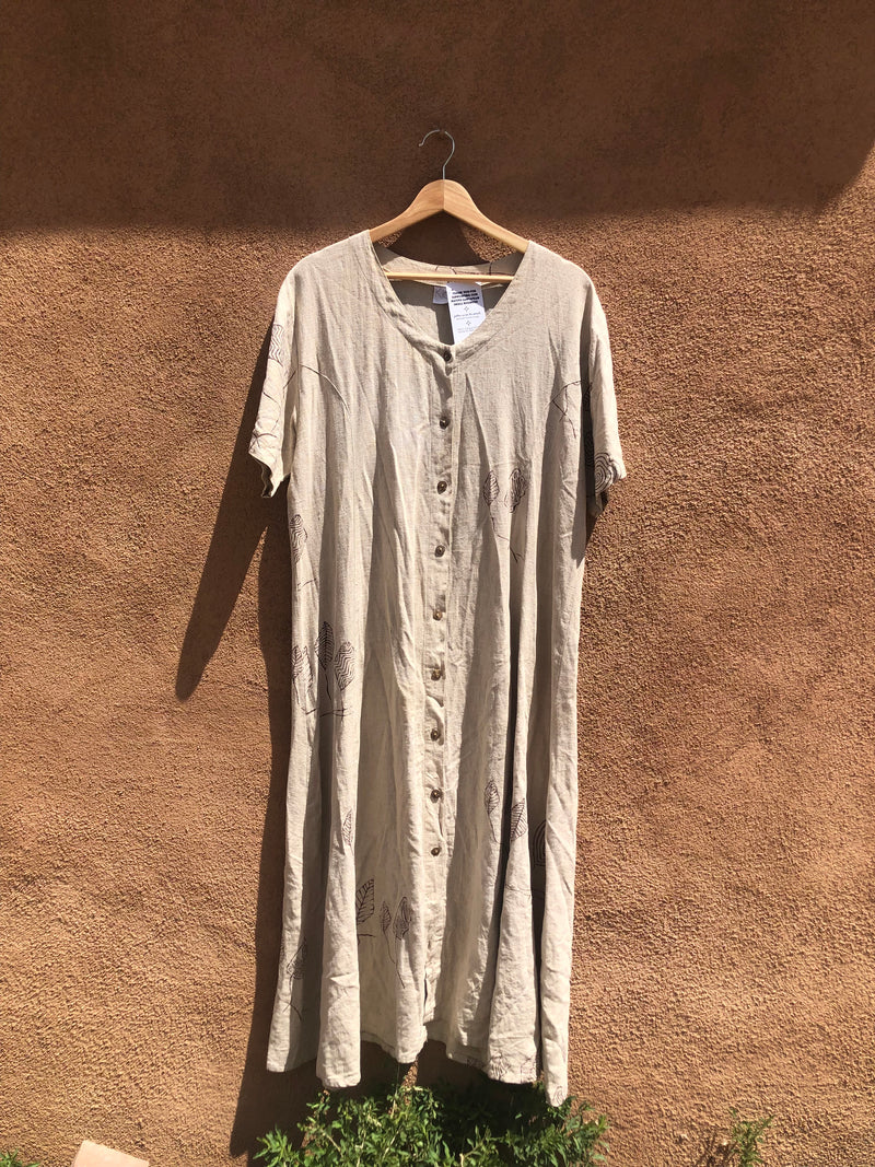 Kioti Linen Dress with Leaf Print - Medium