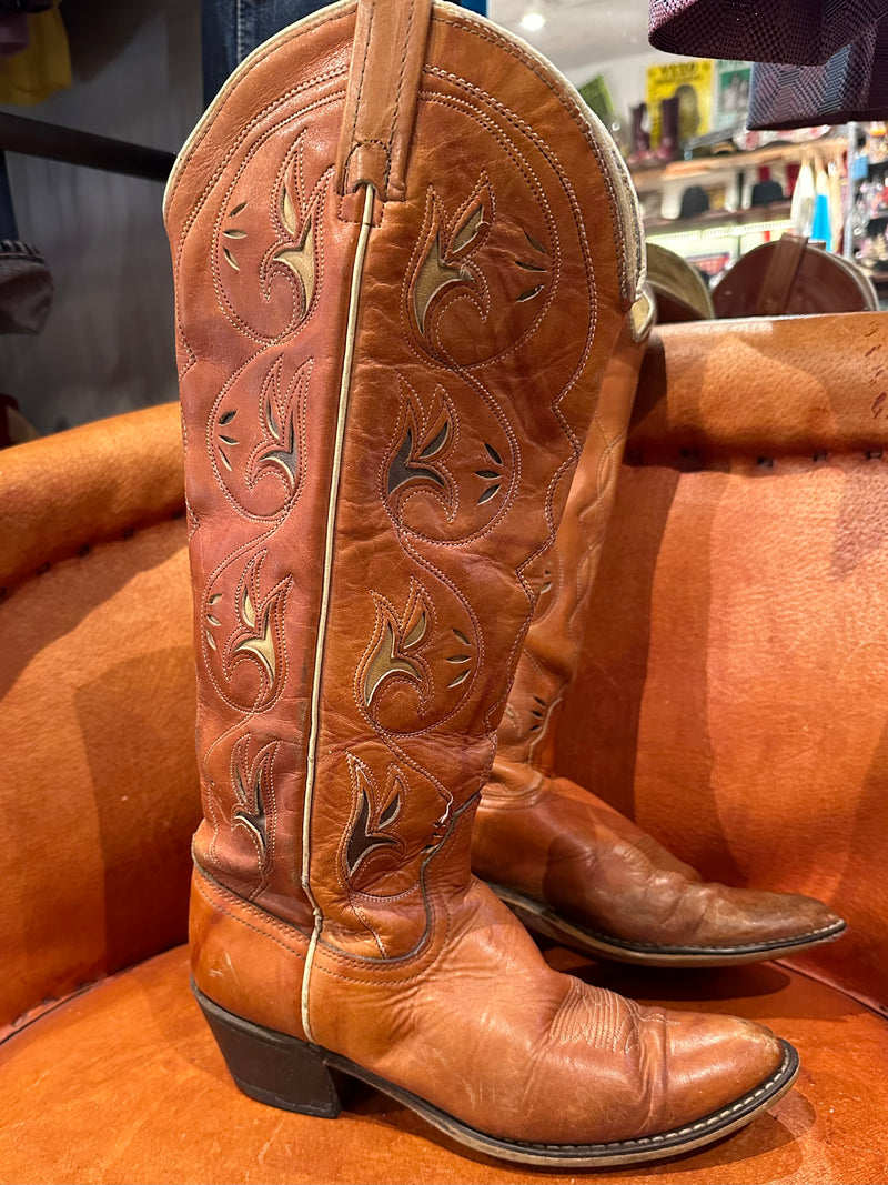 Brown Leather with Floral Inlay Tall Cowgirl Boots - 7.5