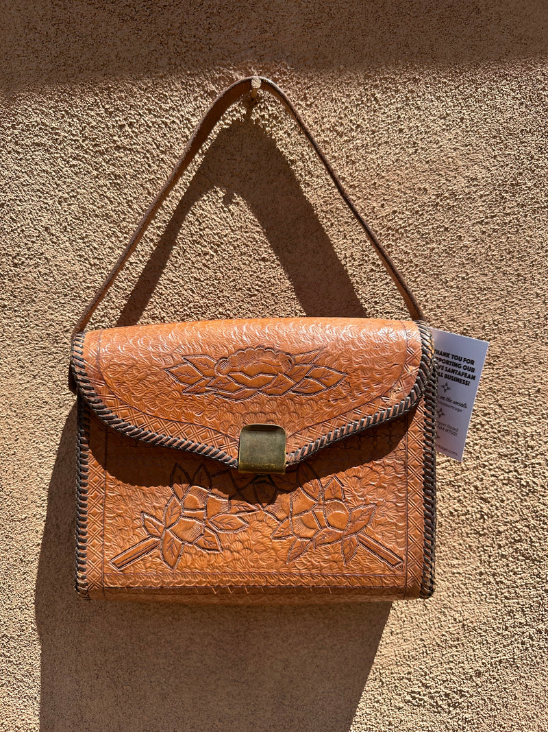 Brown Embossed Leather Floral Purse with Folding Brass Clasp