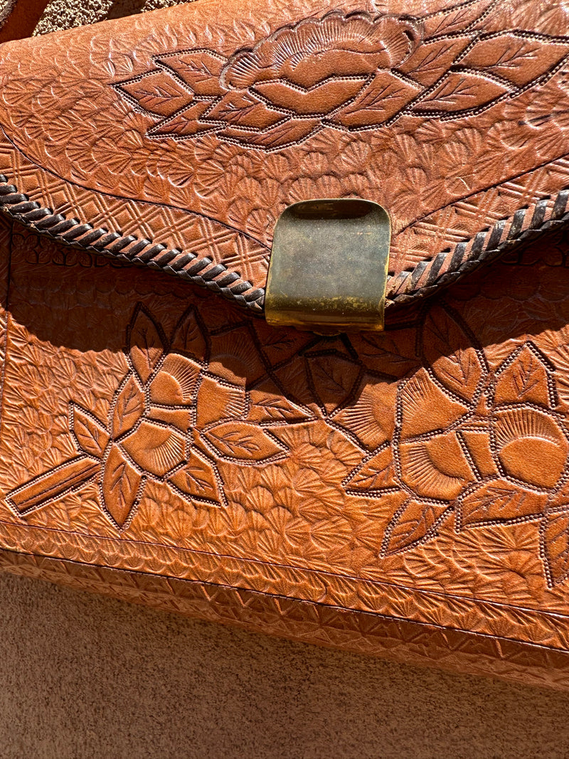 Brown Embossed Leather Floral Purse with Folding Brass Clasp