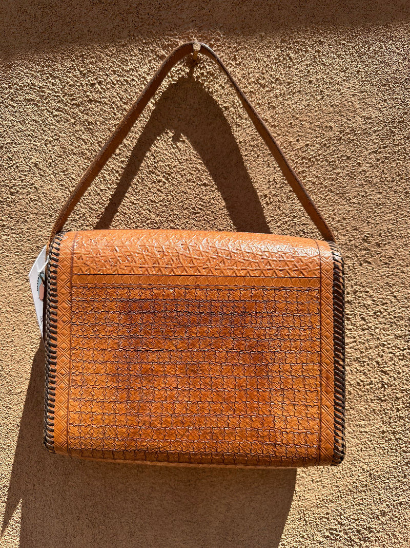 Brown Embossed Leather Floral Purse with Folding Brass Clasp