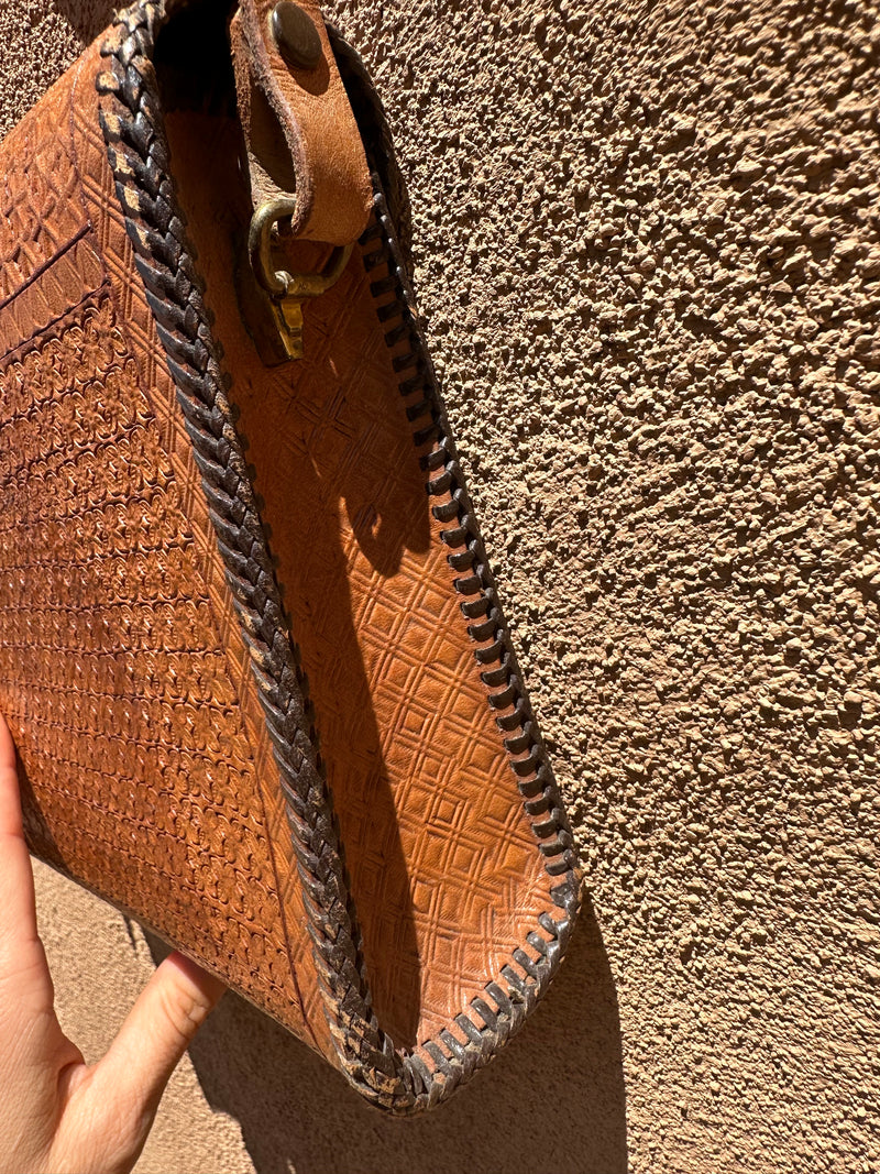 Brown Embossed Leather Floral Purse with Folding Brass Clasp