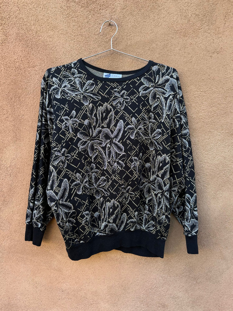 Silver Flowers & Gold on Black Sweatshirt by Top Notch