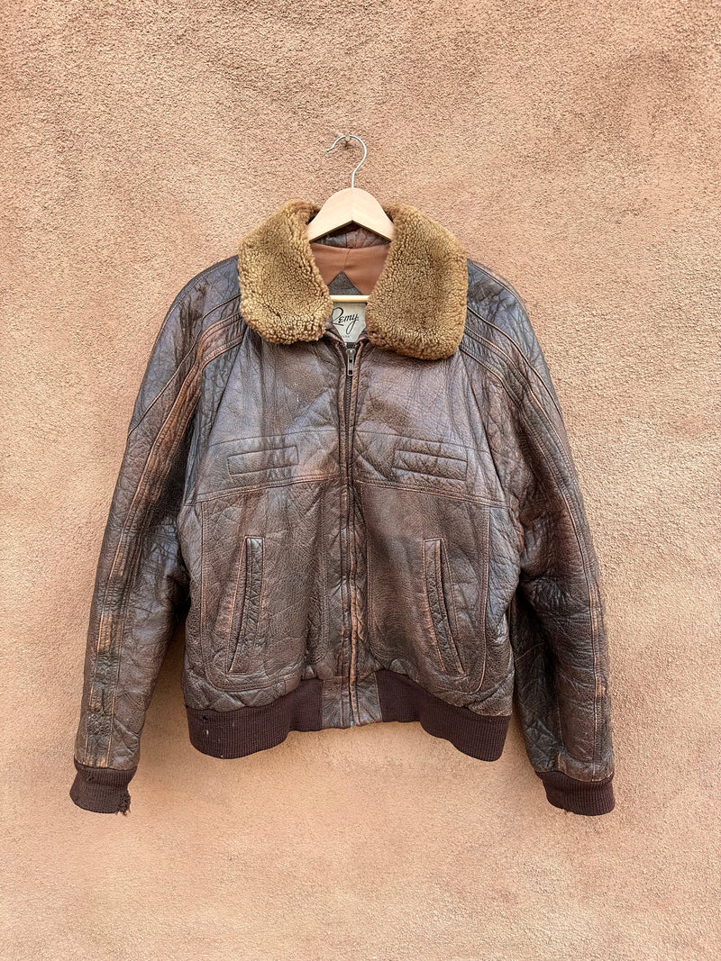 Brown Leather Bomber by Remy with Shearling Collar - as is