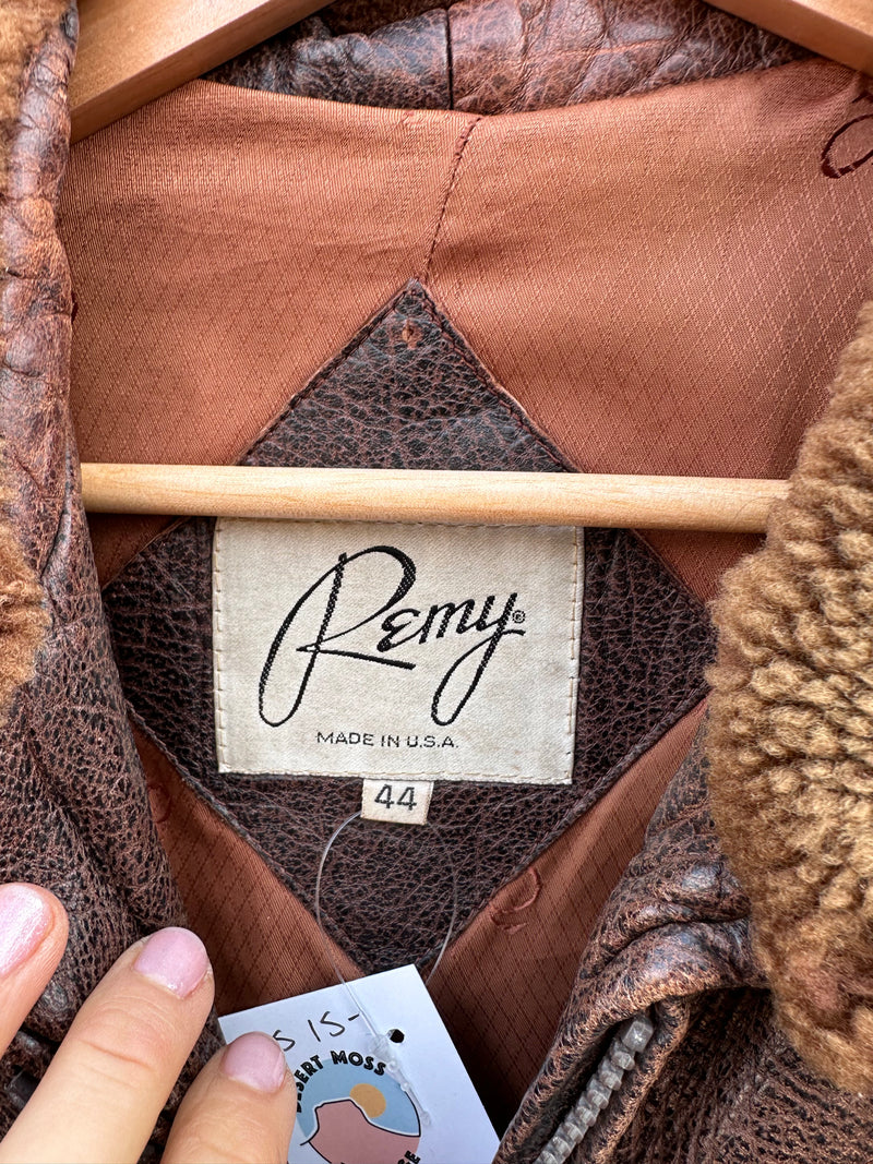 Brown Leather Bomber by Remy with Shearling Collar - as is