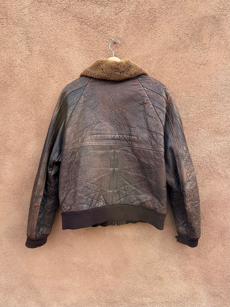 Brown Leather Bomber by Remy with Shearling Collar - as is