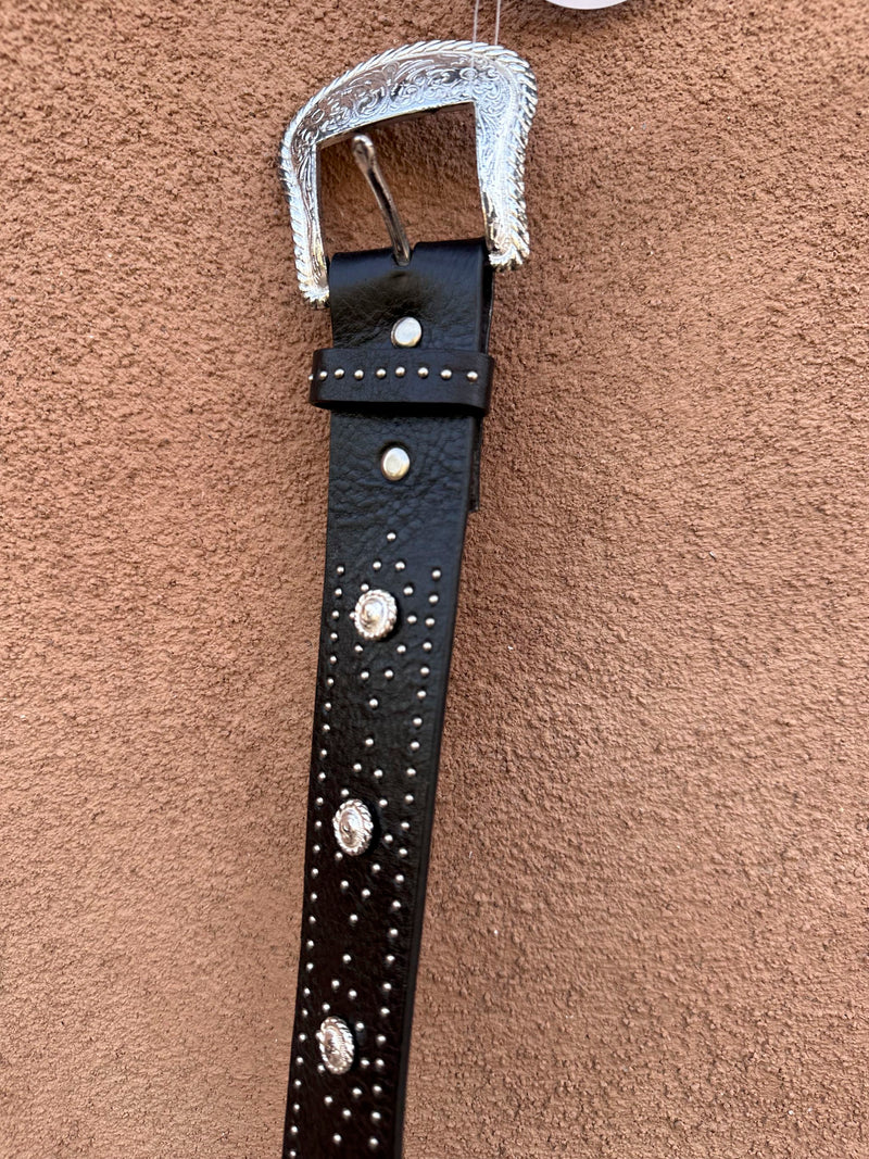 Black Leather Nocona Belt with Studs & Conchos, 24