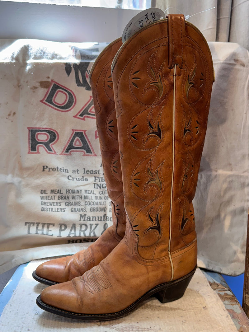 1970's ACME Tall Brown Boots with Floral Inlay - 7A