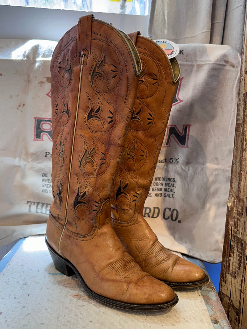 1970's ACME Tall Brown Boots with Floral Inlay - 7A