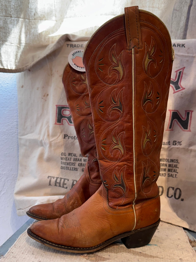 1970's ACME Tall Brown Boots with Floral Inlay - 8C - as is