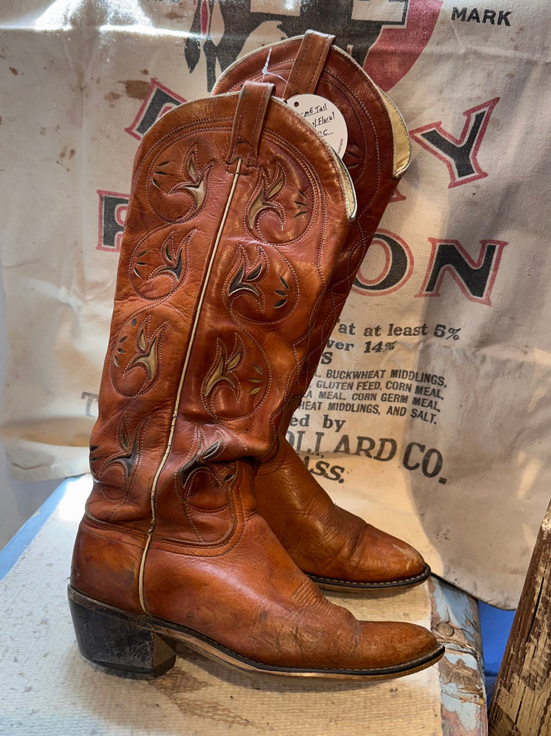 1970's ACME Tall Brown Boots with Floral Inlay - 8C - as is