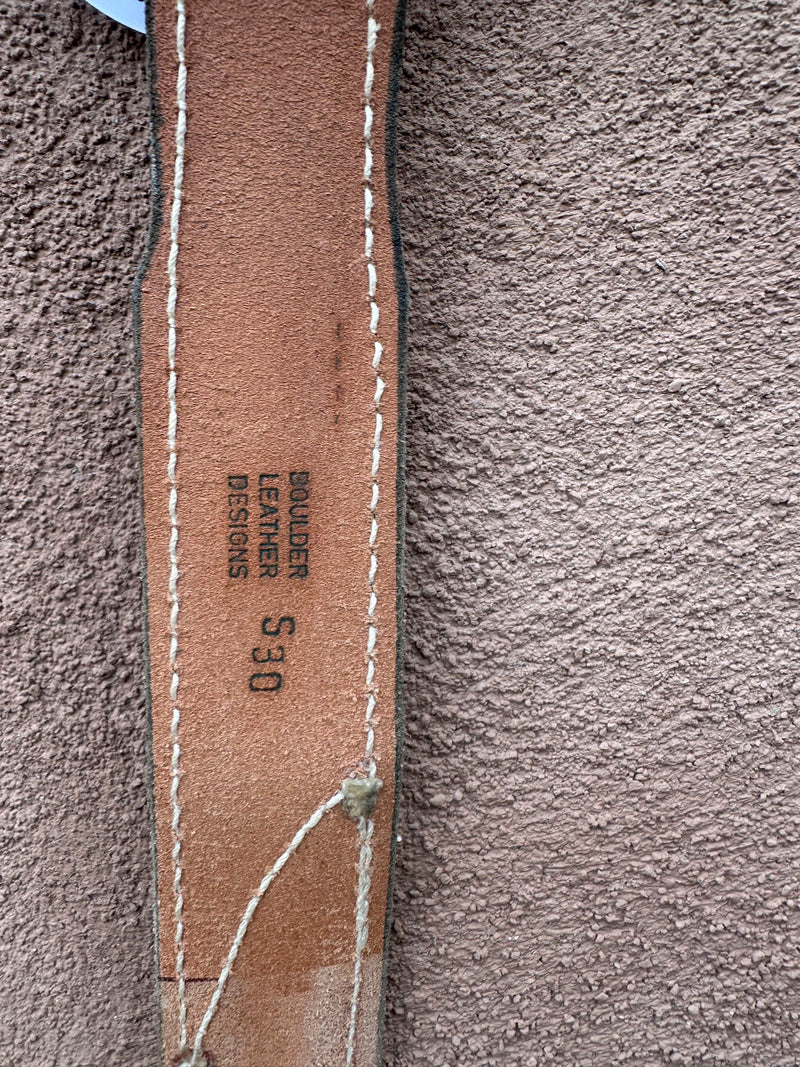 Brown Leather Belt with Feather Inlay - 30