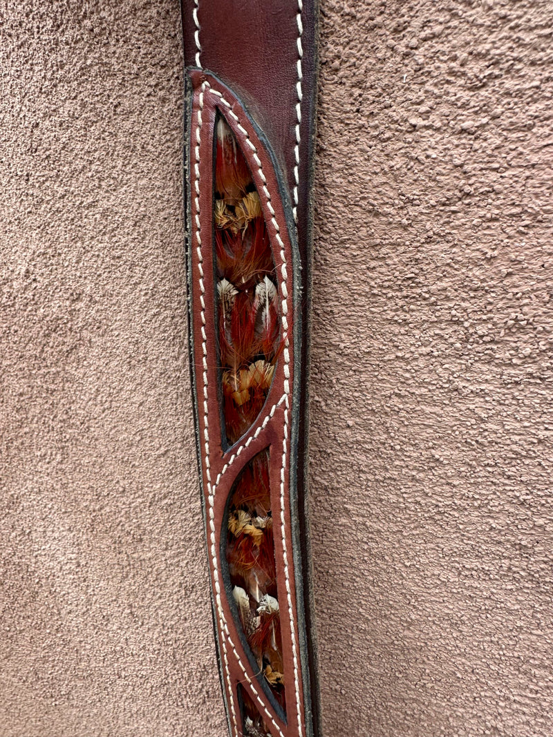 Brown Leather Belt with Feather Inlay - 30