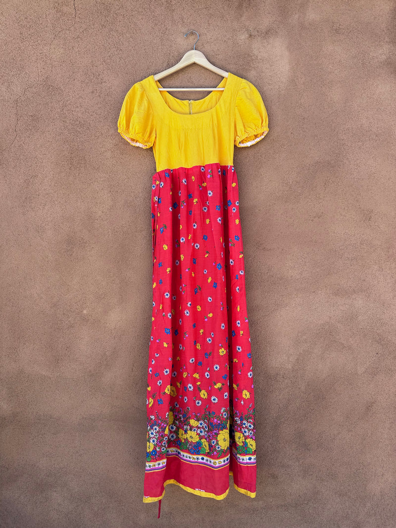 1960's Yellow with Red Floral Belted Dress