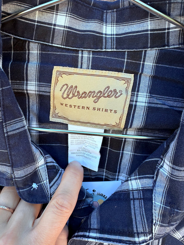 Blue & White Plaid Wrangler Button Snap Western Shirt