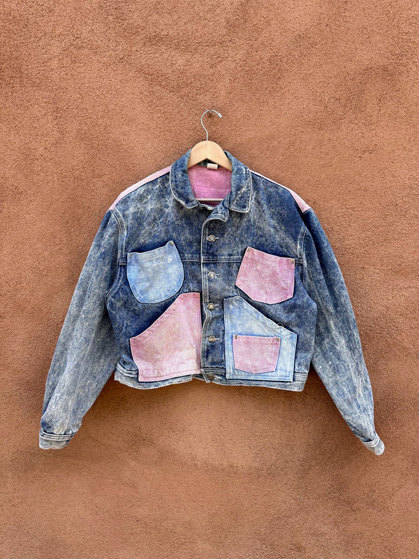 Pink & Blue Color Block Acid Wash Denim Jacket - as is