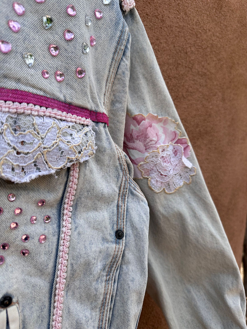 Bedazzled Pink Acid Wash Denim Jacket