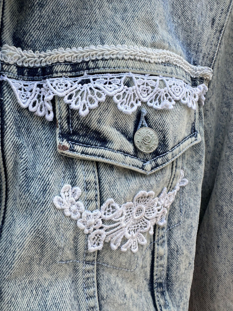 IOU Cropped Denim Jacket with Lace, Cotton - as is