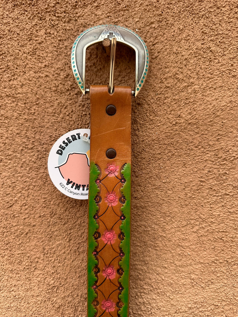 Green & Pink Tooled Leather Belt with Diné Style Buckle