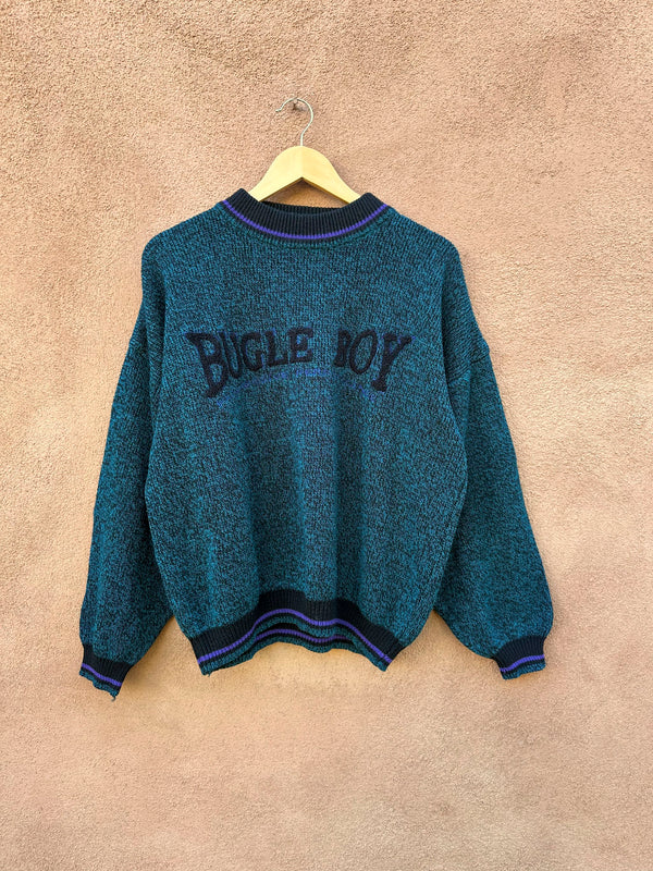 80's Blue/Black Marl Bugle Boy Sweater with Chenille Lettering