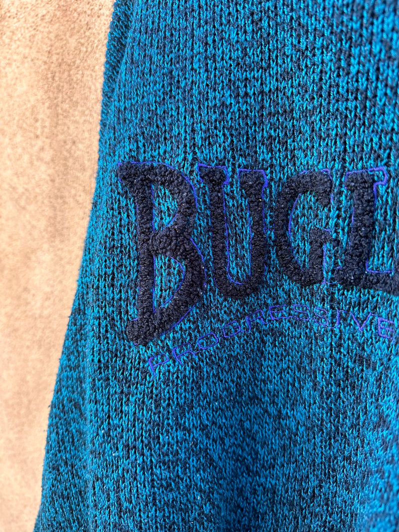 80's Blue/Black Marl Bugle Boy Sweater with Chenille Lettering