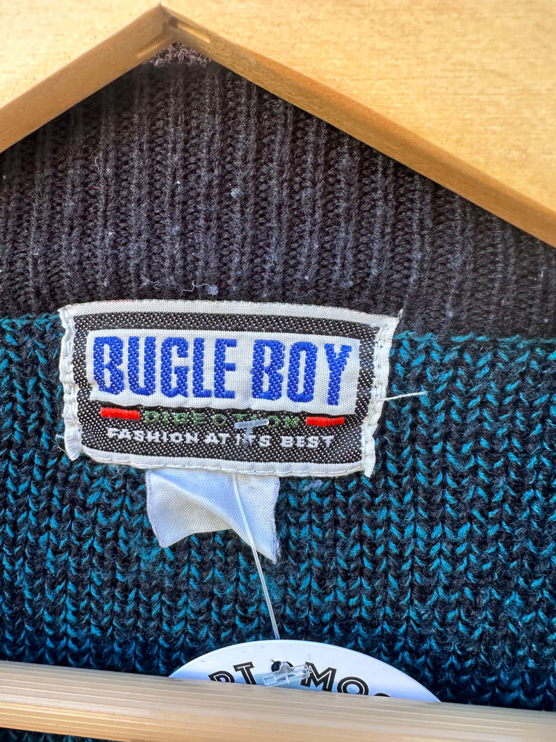 80's Blue/Black Marl Bugle Boy Sweater with Chenille Lettering