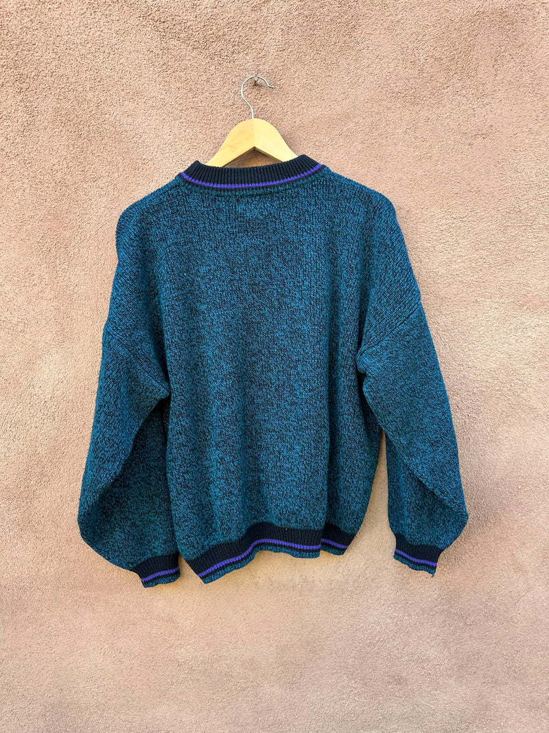 80's Blue/Black Marl Bugle Boy Sweater with Chenille Lettering