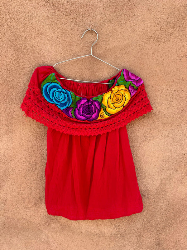 Red Mexican Embroidered Floral Blouse