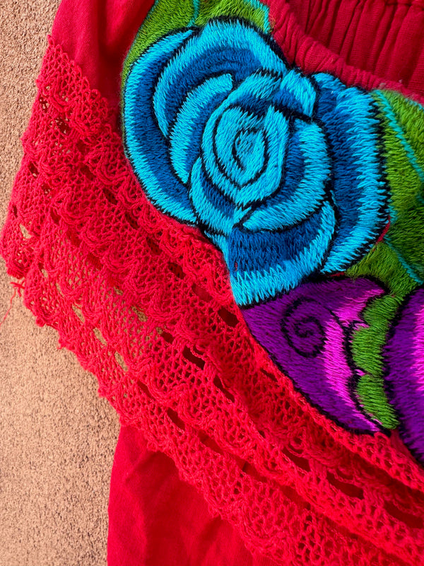 Red Mexican Embroidered Floral Blouse