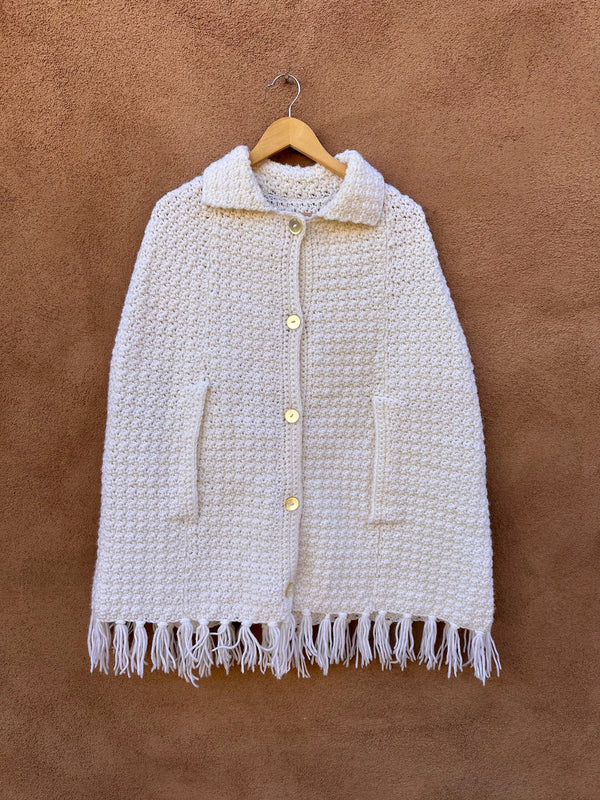 Cream Crochet Cape with Hand Slots & Fringe