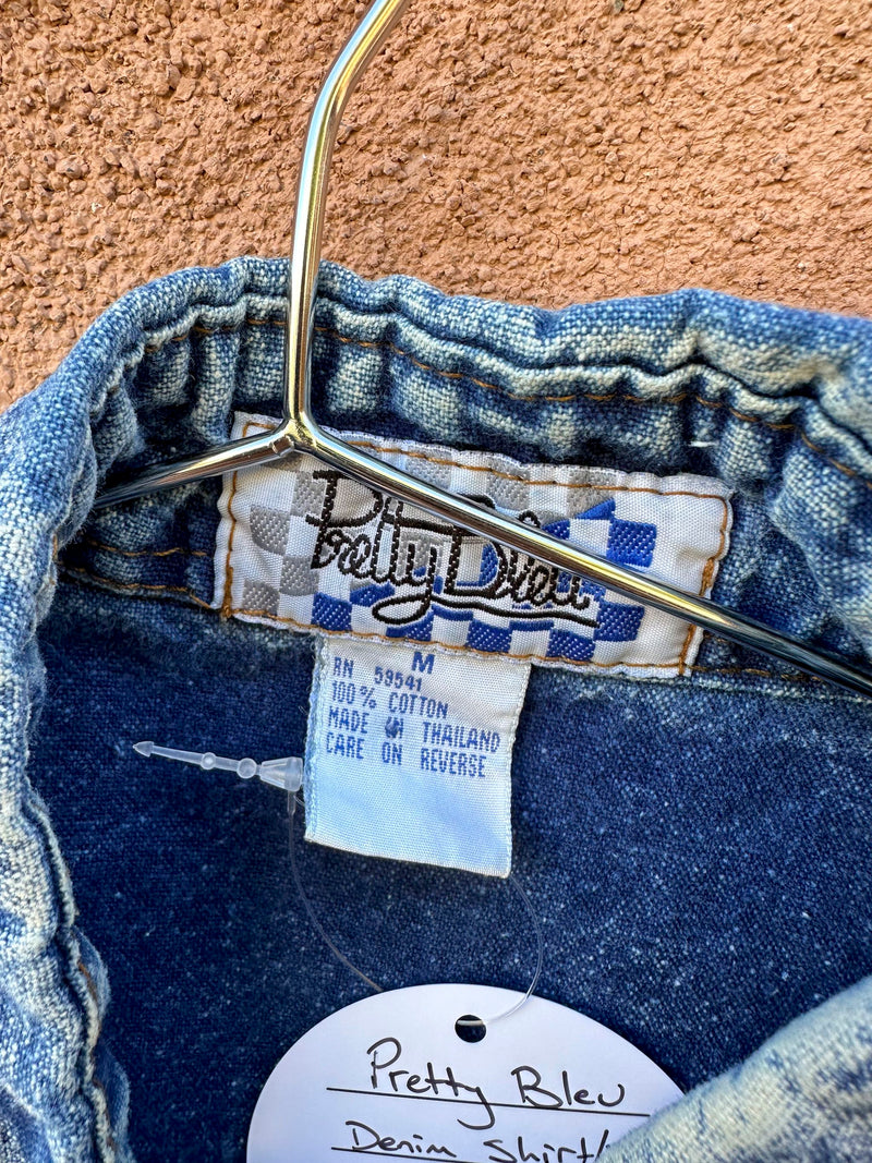 Pretty Bleu Denim Shirt/Blouse with Floral Patches