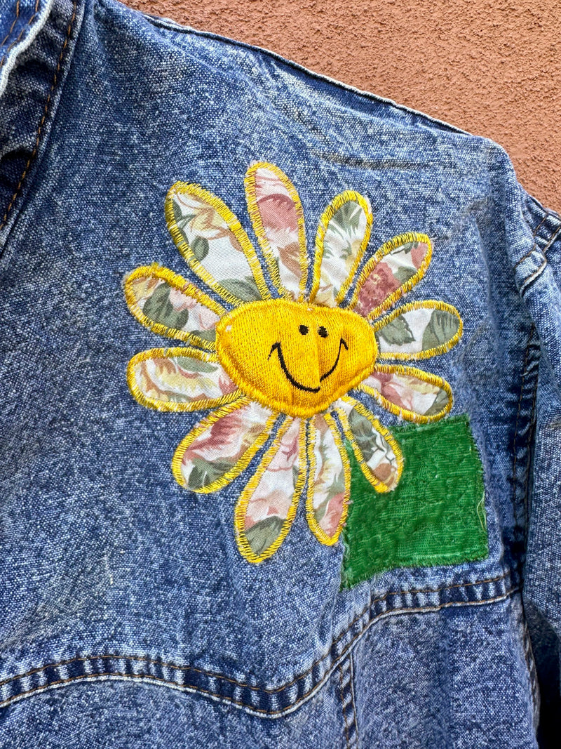 Pretty Bleu Denim Shirt/Blouse with Floral Patches