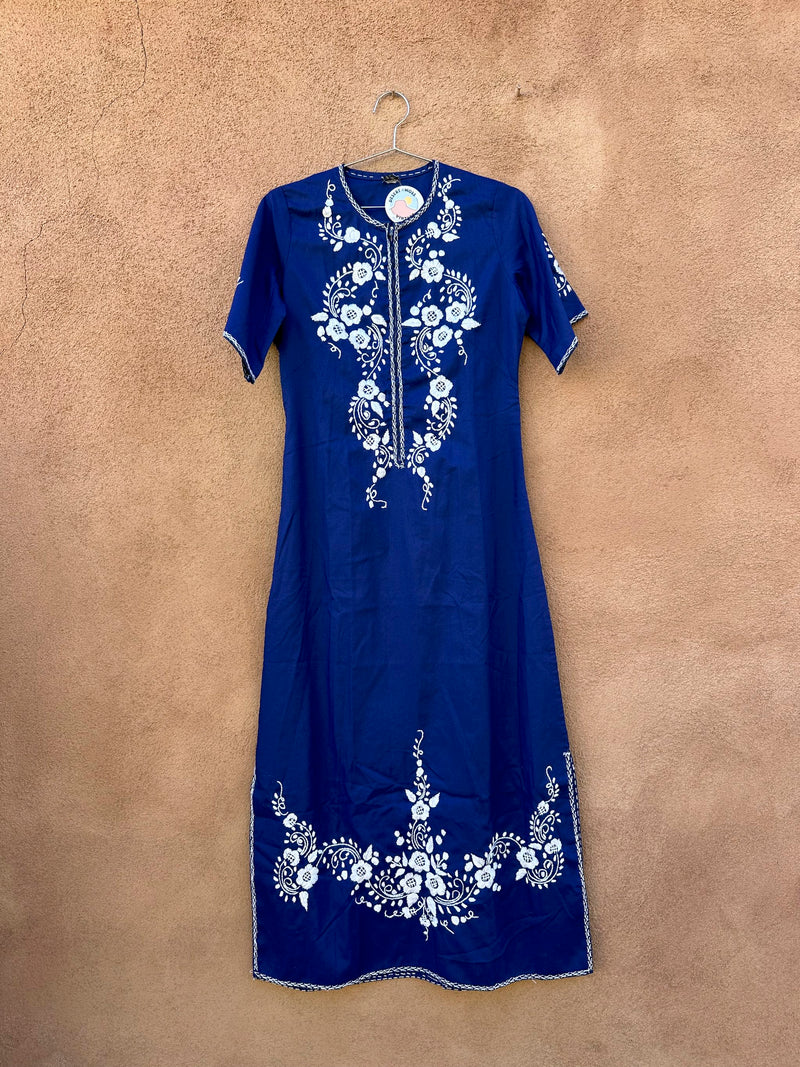 House of Slam Blue Dress with White Embroidery