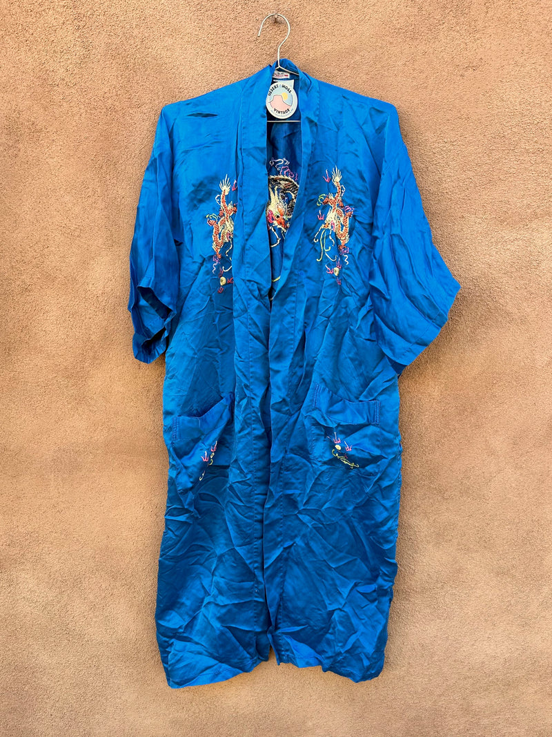 Blue Silk Blend Robe with Traditional Chinese Dragons