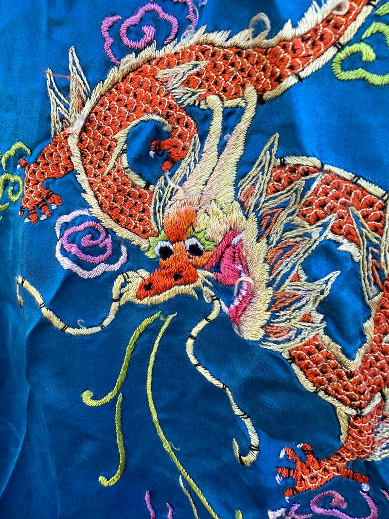 Blue Silk Blend Robe with Traditional Chinese Dragons