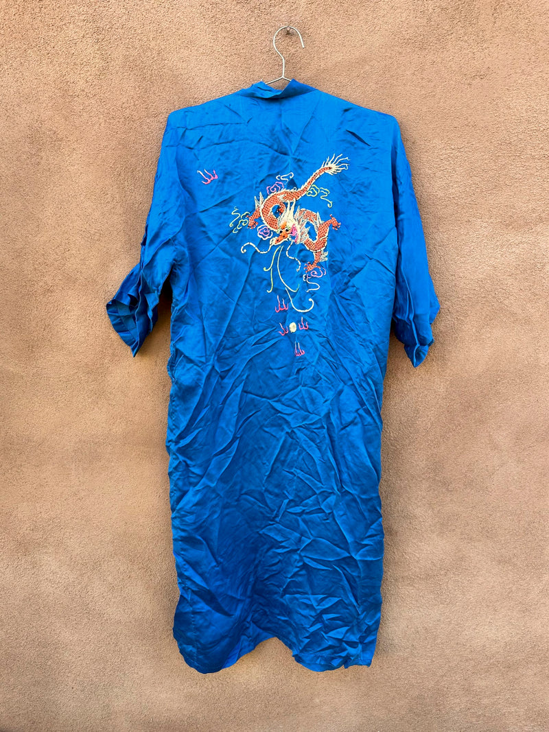 Blue Silk Blend Robe with Traditional Chinese Dragons