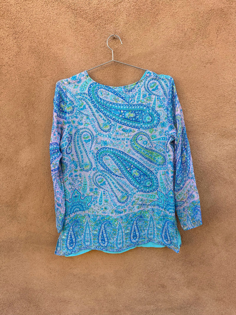 Blue Paisley Silk Top with Rhinestones