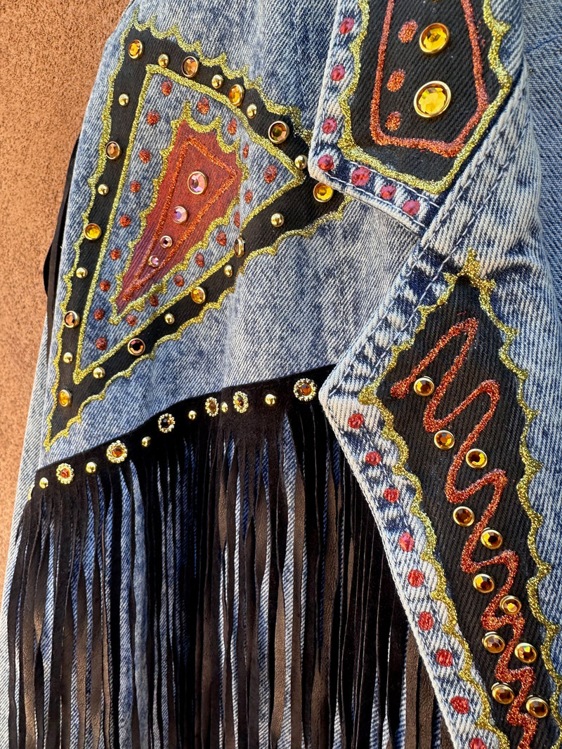 Acid Wash Duster, Hand Painted, Beaded & Fringe