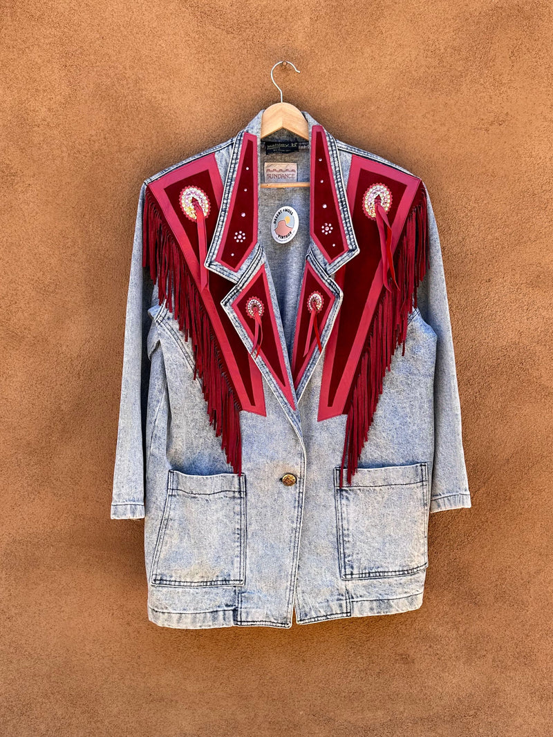 Acid Wash Denim Jacket with Pink Suede & Fringe Detail