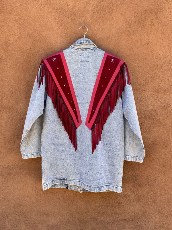 Acid Wash Denim Jacket with Pink Suede & Fringe Detail