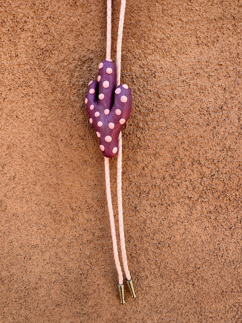 Purple Ceramic Saguaro Cactus with Polka Dots Bolo Tie