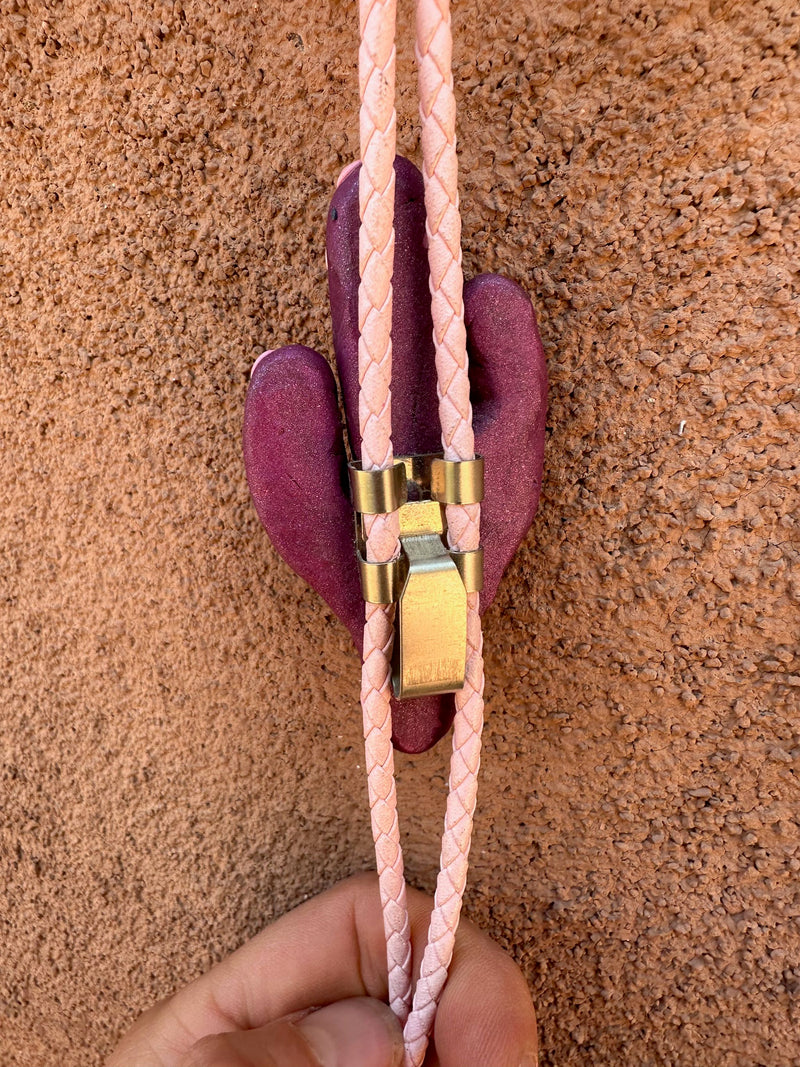 Purple Ceramic Saguaro Cactus with Polka Dots Bolo Tie