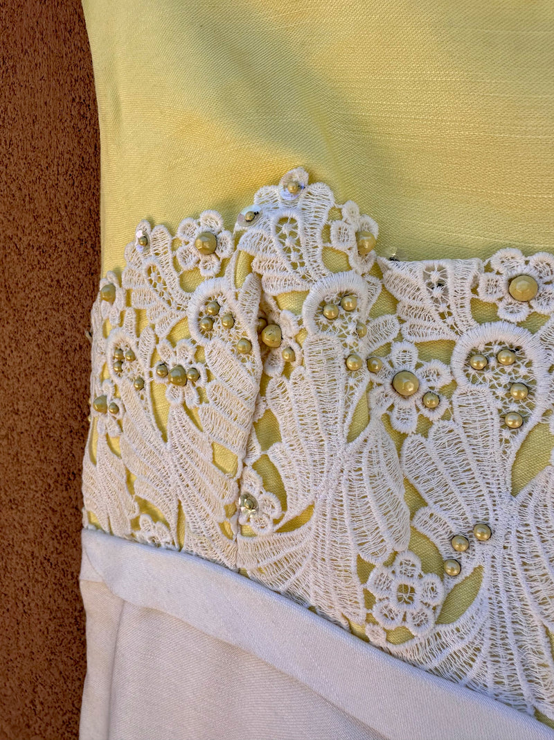 60's/70's Yellow & Cream Dress with Doily, Beads/Rhinestones