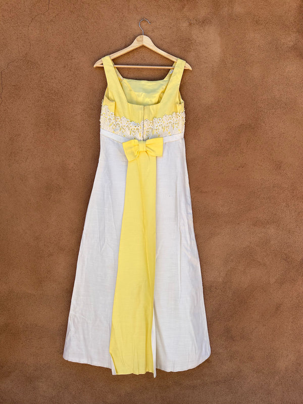 60's/70's Yellow & Cream Dress with Doily, Beads/Rhinestones