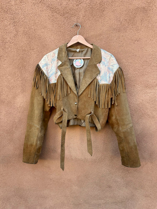 Fringed Brown Suede Cropped Western Jacket with Tapestry Yokes